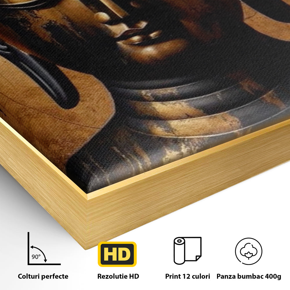 Detaliu al suprafetei: tablou canvas cu capul lui buddha, in rama de aluminiu auriu